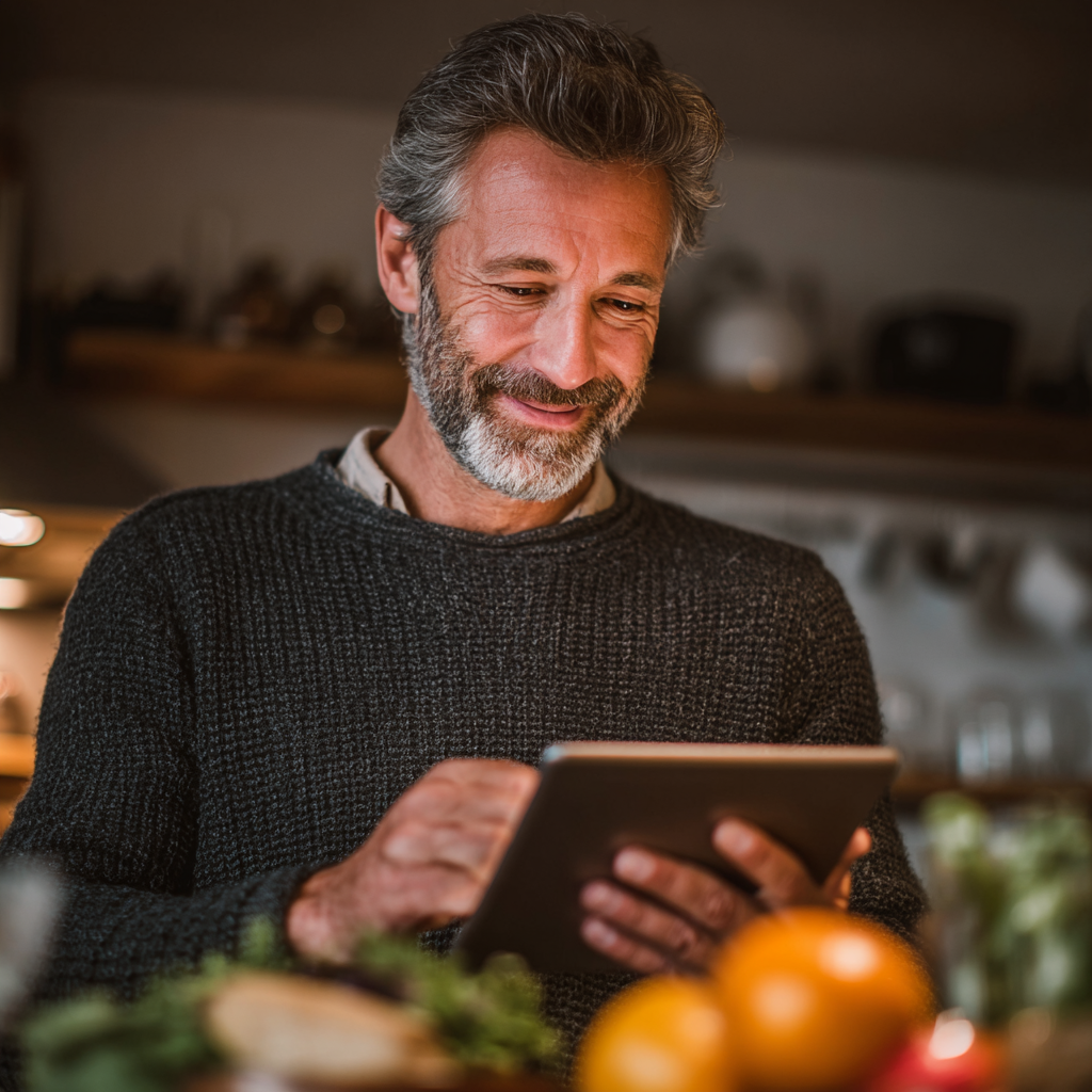 Чоловік 55 років обирає цілі харчування на планшеті, посміхається та виглядає зосереджено