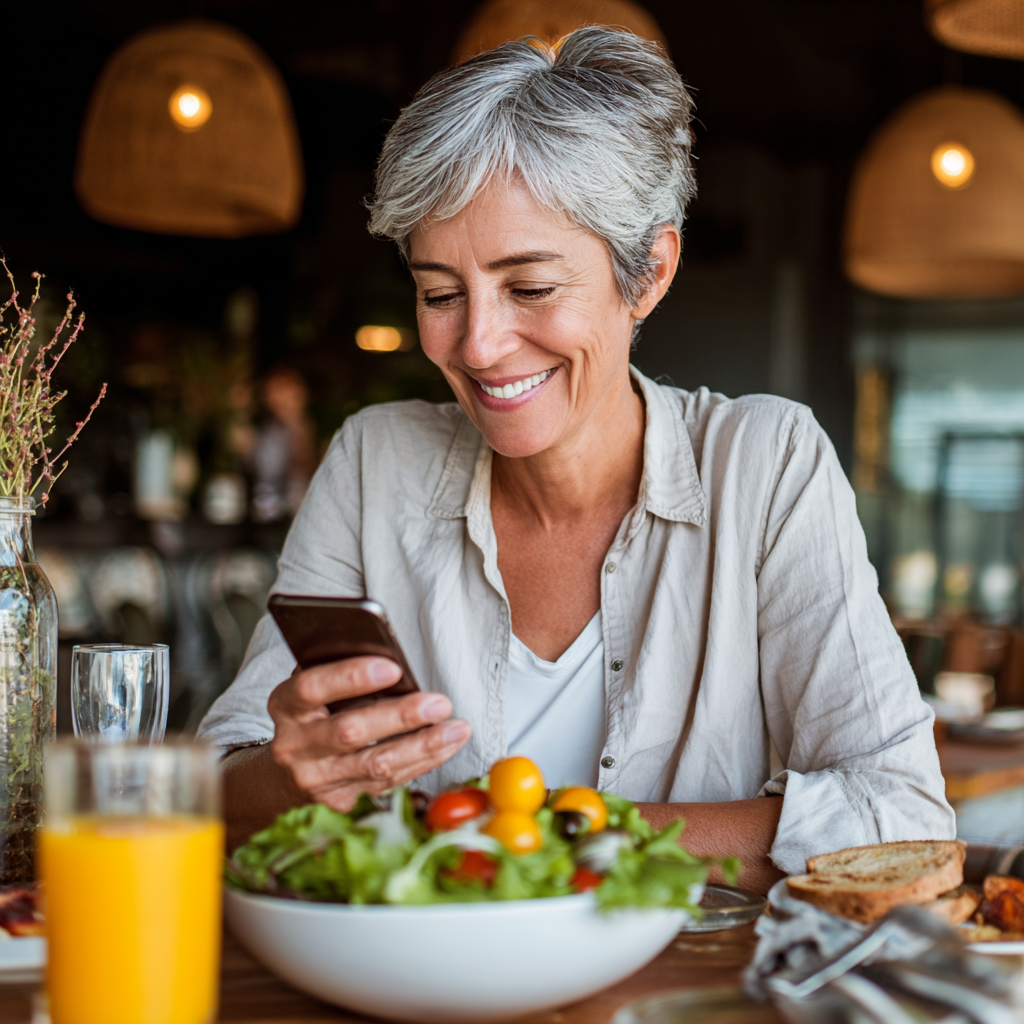 Жінка 52 років переглядає персоналізоване меню на телефоні, усміхається, на столі здорова їжа